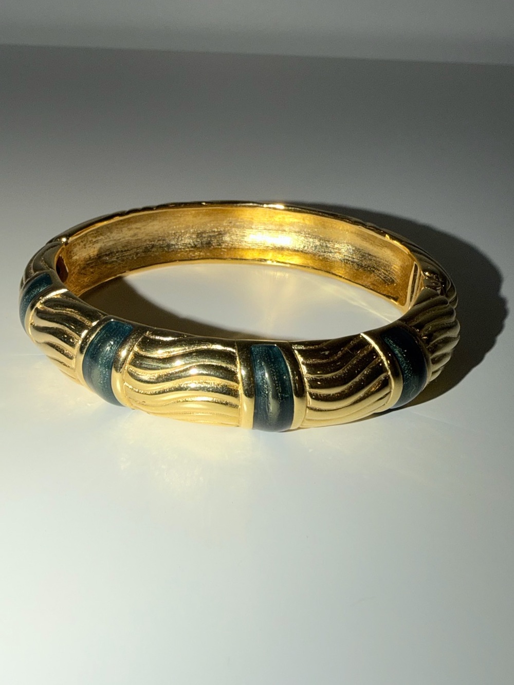 Vintage Signed Monet Gold-Tone With Dark Green Enamel Hinge Bangle Bracelet